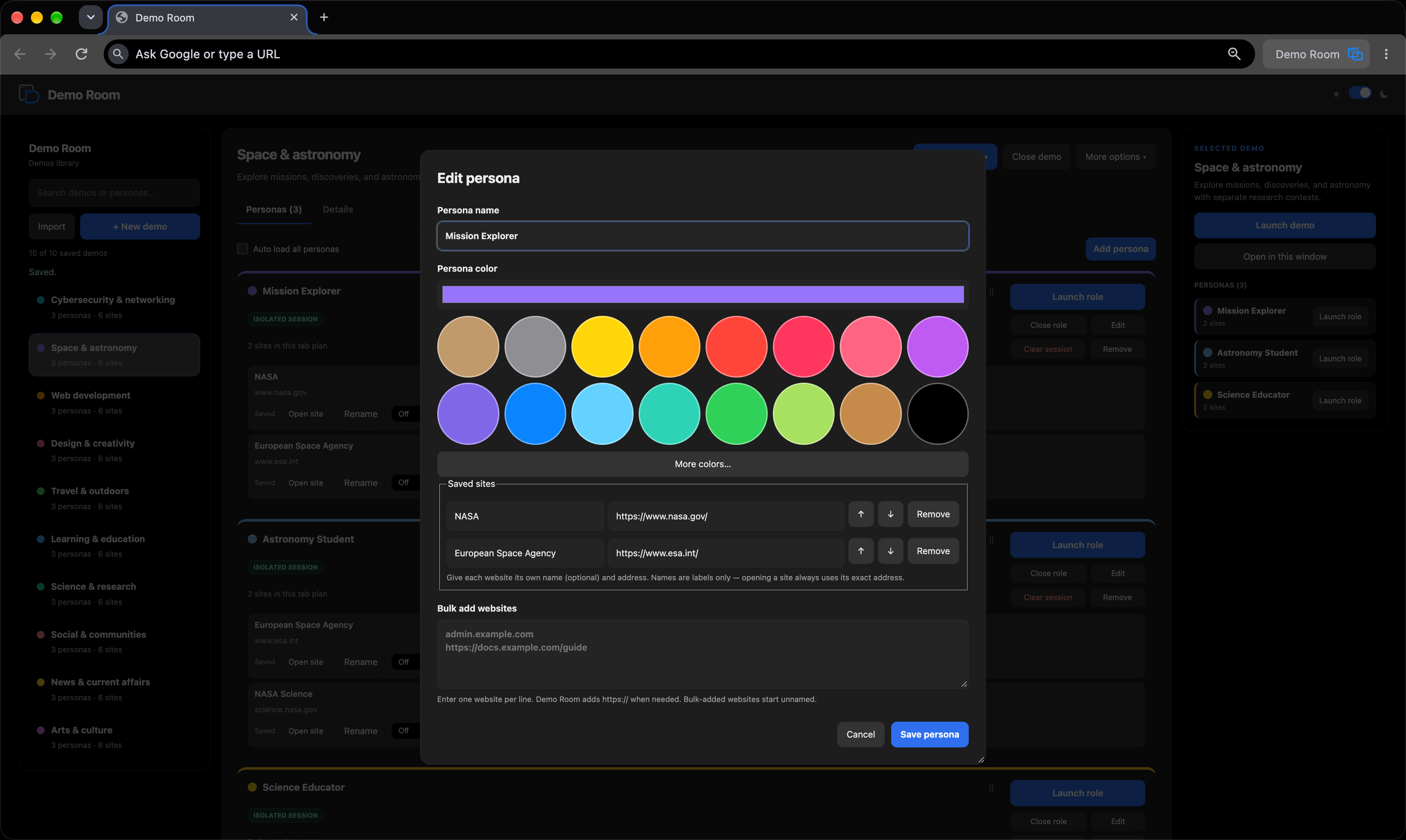 Actual Demo Room Edit persona dialog showing the Mission Explorer name, color choices, NASA and ESA saved sites, and bulk add websites field.